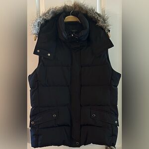 Talbots Black Medium Puffer Vest: Duck Down/Feather Removable Faux Fur Trim Hood